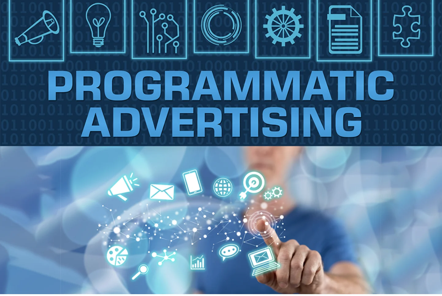 The words programmatic advertising above a person pointing to virtual blue icons of different types of market advertising