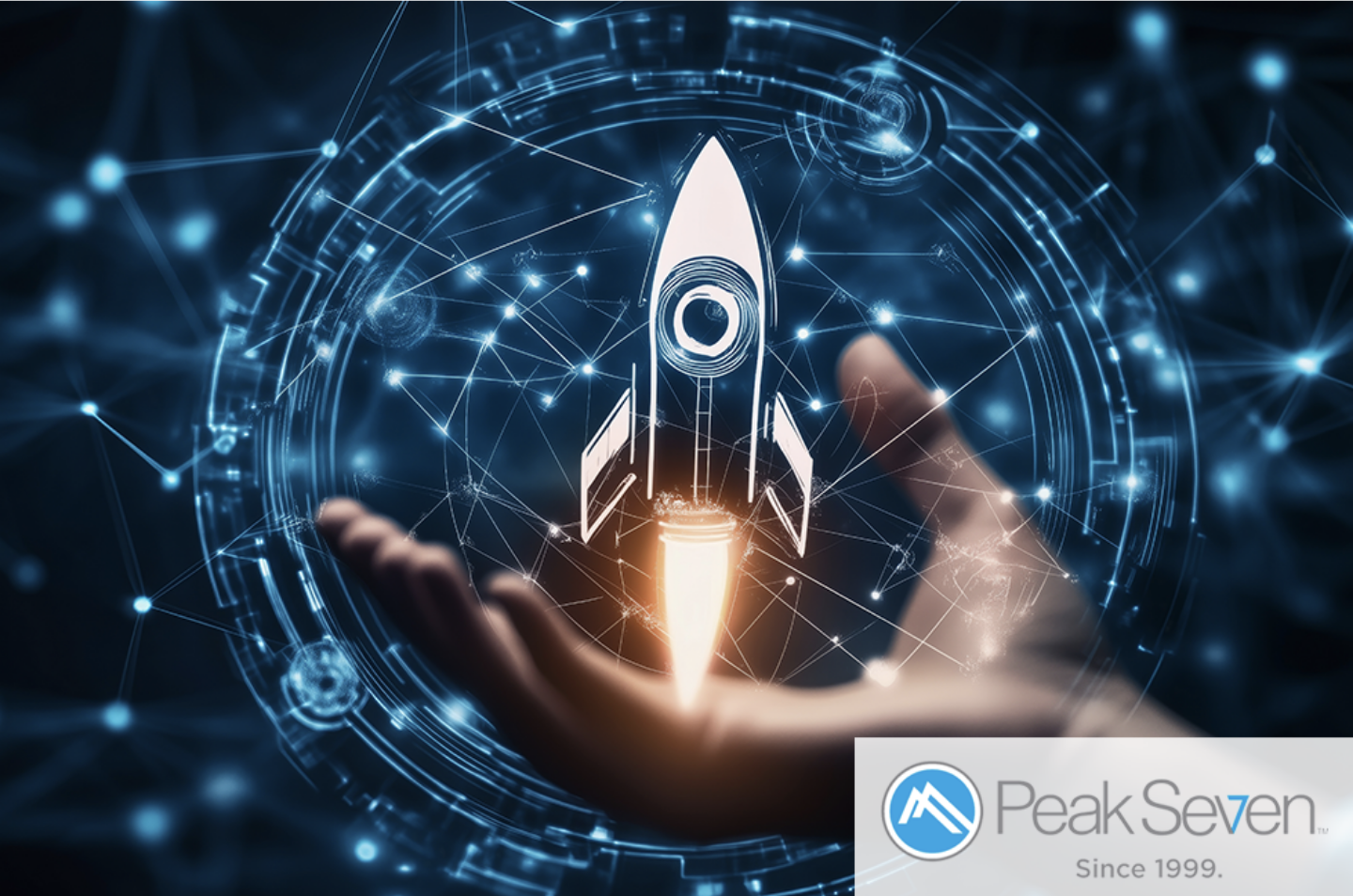 A hand holding a digital rocket symbolizing a business taking off from branding by creative marketing agency Peak Seven