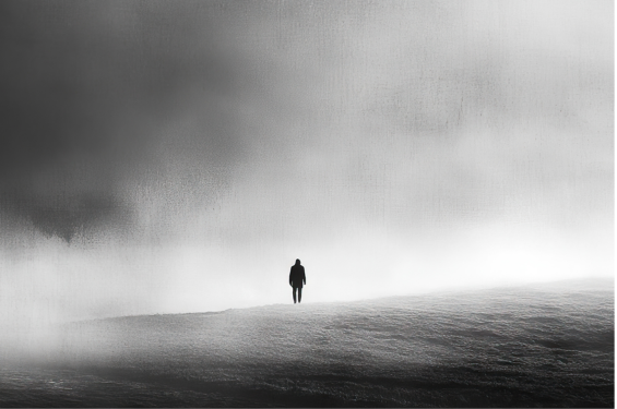 A lone figure lost in the fog