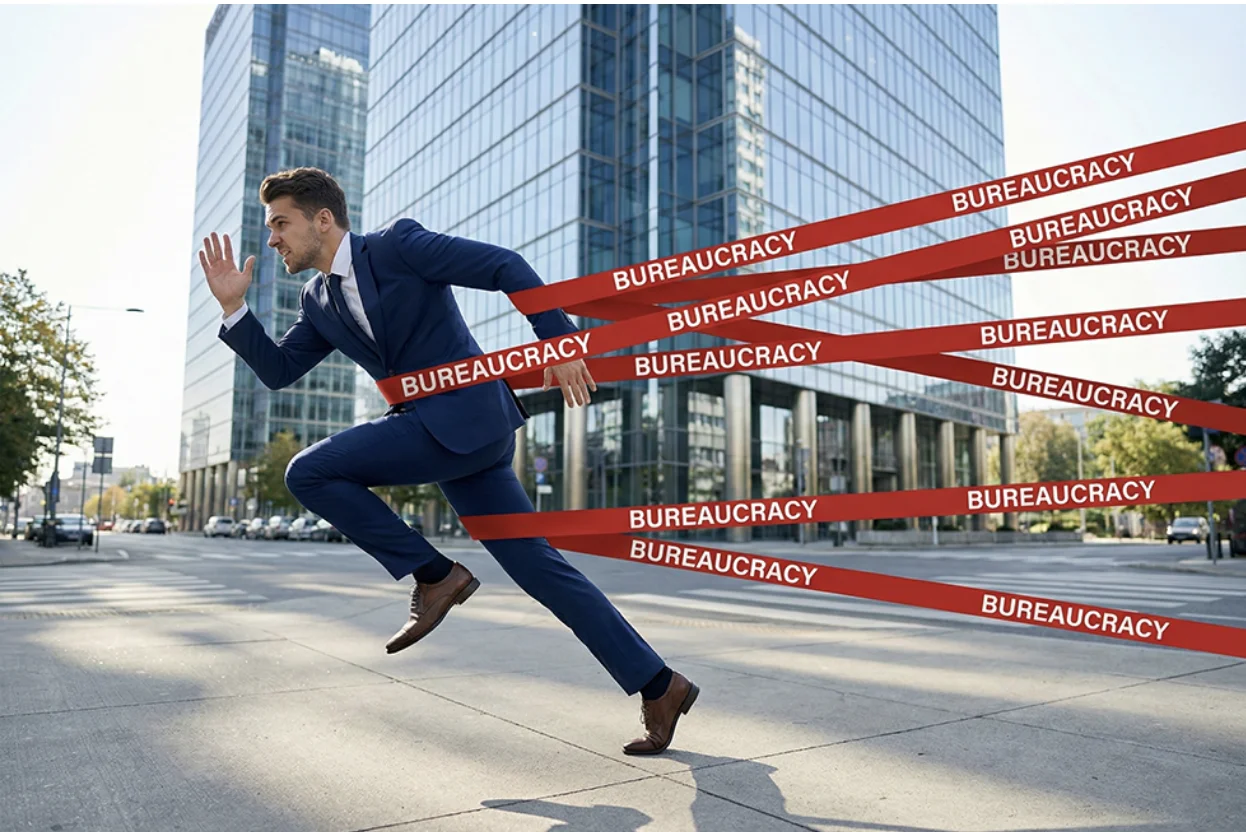 An advertising agent running with bureaucracy red tape holding him back.