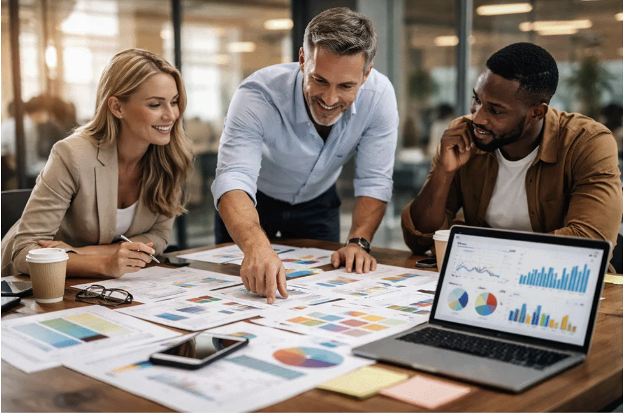 Team members from PeakSeven ad agency in Boca Raton going over a digital ad campaign.